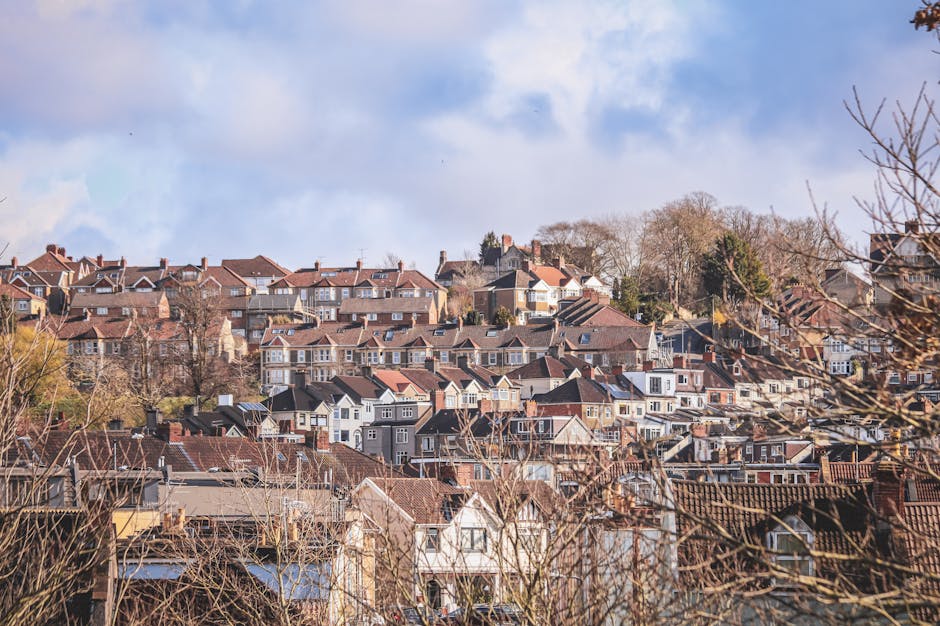 A view of a residential hill in Kentish Town showing numerous houses with pitched roofs, many in shades of brown, grey, and white, nestled closely together and extending across the hillside. The foreground features leafless branches of trees and rooftops with some visible chimneys, indicating a typical urban housing area. The sky above is partly cloudy with patches of blue. This outdoor scene illustrates the type of environment where house removals and home relocation services by Man with Van Kentish Town may be required, emphasizing the residential context for furniture transport and packing and moving activities.