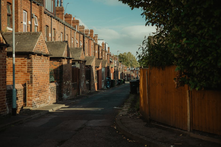 An aerial view of a residential neighbourhood in Kentish Town showing a mixture of terraced houses, semi-detached homes, and detached properties, all surrounded by lush green trees and small gardens. Cars are parked along the narrow streets, and the rooftops display a variety of materials, including slate and tile. The image captures the quiet street scene during daytime, with the houses neatly aligned and the foliage providing a vibrant contrast. This setting illustrates the typical environment for house removals and home relocation processes, where furniture transport and packing activities take place within a suburban area. The photograph emphasizes the compact urban layout, ideal for professional removals services like those offered by Man with Van Kentish Town, assisting families with efficient and careful moving logistics within this community.