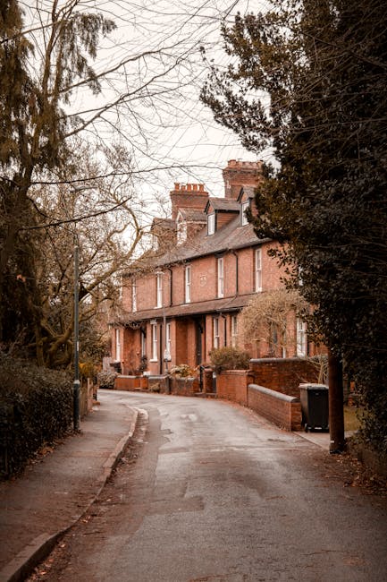 A narrow residential street in Kentish Town during daytime, lined with brick terraced houses featuring small front gardens and chimneys on the rooftops. Some houses have bay windows, and the street is partially shaded by overhanging trees with bare branches, indicating the late autumn or winter season. The pavement on the left side runs alongside the path, with a small outdoor trash bin visible near a hedge. The street appears quiet and is suitable for home relocation or house removals, with no vehicles or pedestrians present in the scene. Man with Van Kentish Town specializes in furniture transport and packing and moving services for such narrow streets, ensuring efficient and careful loading processes for house removals on this property-lined street.