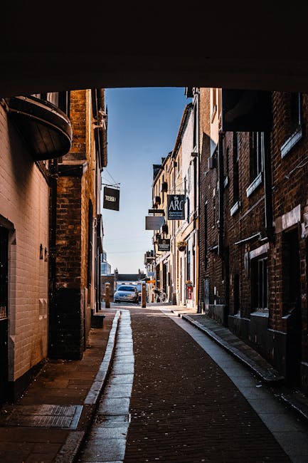 A narrow residential street in Kentish Town during daytime, lined with brick terraced houses featuring small front gardens and chimneys on the rooftops. Some houses have bay windows, and the street is partially shaded by overhanging trees with bare branches, indicating the late autumn or winter season. The pavement on the left side runs alongside the path, with a small outdoor trash bin visible near a hedge. The street appears quiet and is suitable for home relocation or house removals, with no vehicles or pedestrians present in the scene. Man with Van Kentish Town specializes in furniture transport and packing and moving services for such narrow streets, ensuring efficient and careful loading processes for house removals on this property-lined street.